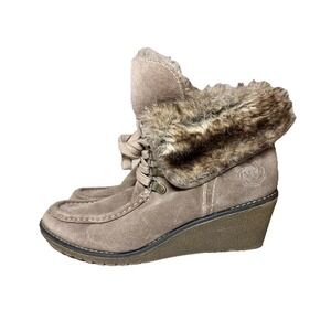 MARCO TOZZI Women's Leather Suede Tan Griege Wedge Ankle Fur Boots US 11 EU 41